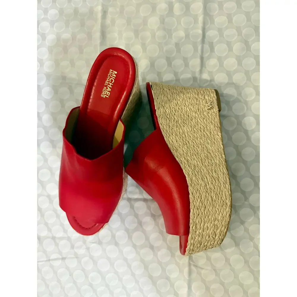 Michael Kors Red Leather Wedge Mule Sandals Espadrille Platform Women’s 8M